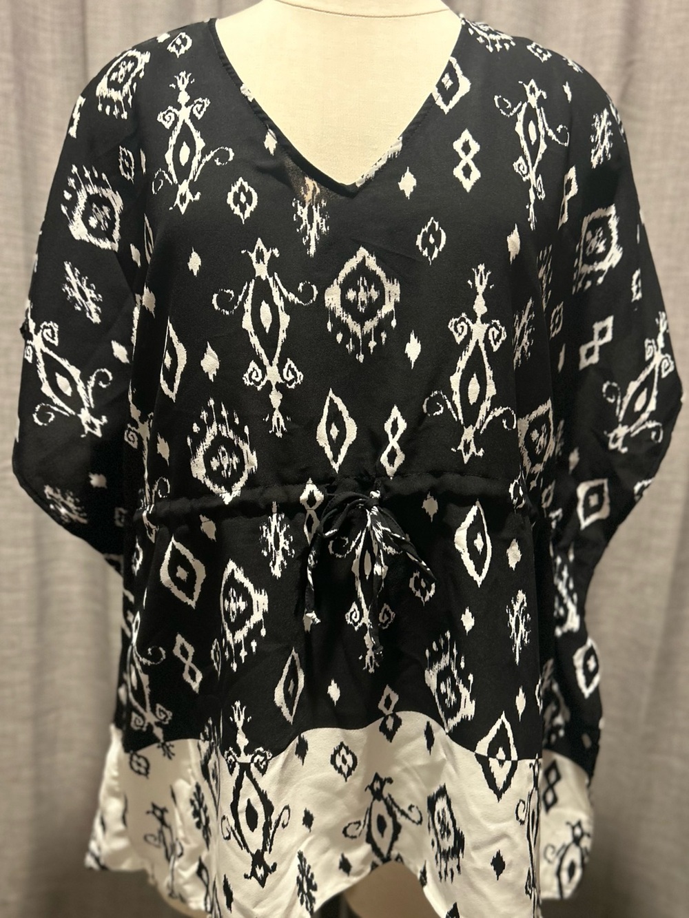 Black & White V-Neck Ikat Drawstring Tunic